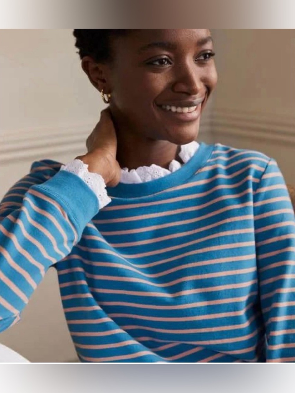 Boden Womens Hattie Eyelet Lace Collar Striped Sweater Medium Blue Pink Preppy
